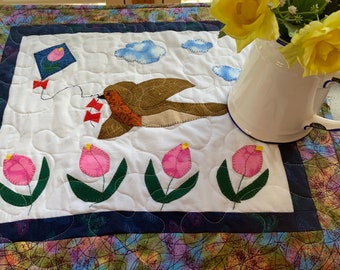 Spring Tulip and Robin Table Topper Appliqued/Spring Table Topper Applique Mini Quilt