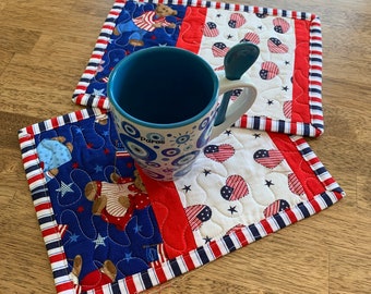 Quilted Set of 2 Red White and Blue Mug Rugs or Personal Placemats