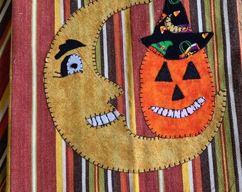 Prim Moon And Pumpkin Tea Towel Appliqué/Halloween Primitive Appliqué Kitchen Towel