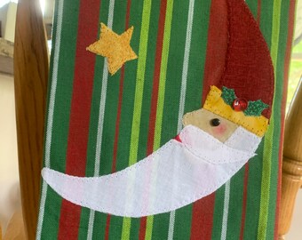 Appliquéd Moon Santa Tea Towel\Primitive Moon Santa Kitchen Towel\Christmas Appliquéd Santa Moon