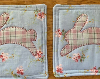 Appliquéd Easter Bunny Mug Rugs Set of 2/Homespun Bunny Coasters Set of 2