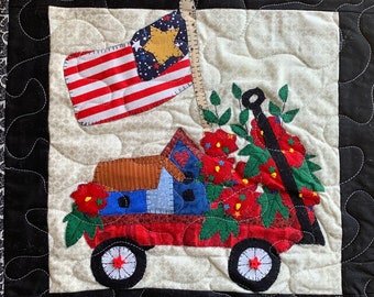 Patriotic Wagon Appliquéd Quilted Wall Hanging/Flag in Red Wagon Mini Quilt Applique