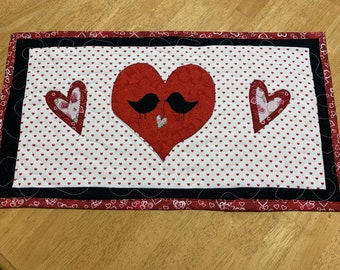 Valentine Heart with Love Birds Appliqued Quilted Table Topper/Valentine's Day