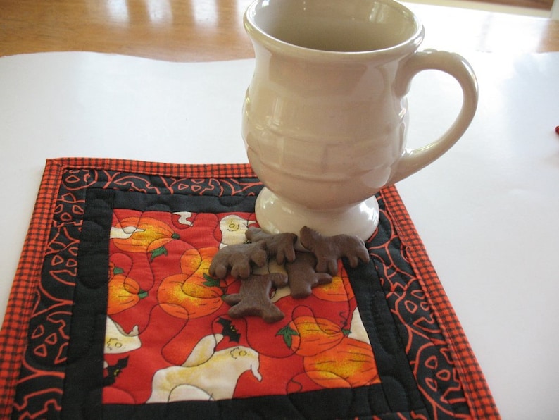 Quilted Pumpkin and Ghost Mug Rugs or Personal Placemats Set of 2 Pieces