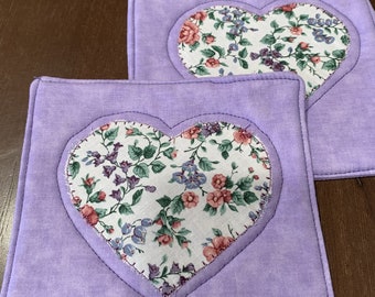 Heart Mug Rugs Appliqued and Quilted  Set of 2 Pieces