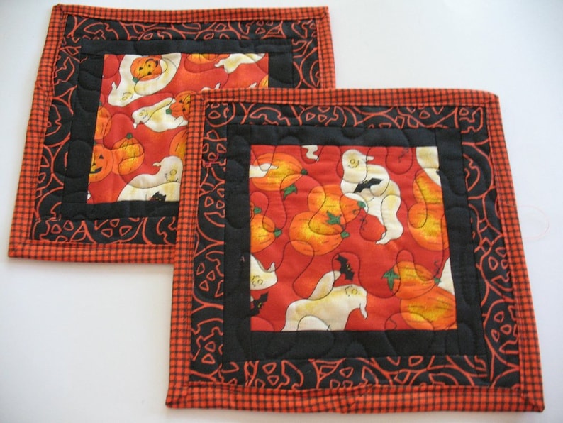 Quilted Pumpkin and Ghost Mug Rugs or Personal Placemats Set of 2 Pieces