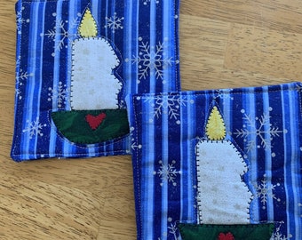 Quilted Appliqued Candle Mug Rugs Set of 2 Pcs/Christmas/Holiday/Gift idea