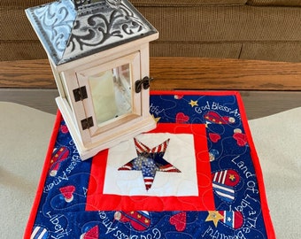 Americana Candle Mat Quilted/Quilted red white blue Table Topper