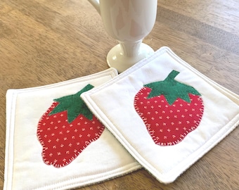 Appliqued Strawberry Mug Rugs: Cotton Coasters, Set of 2