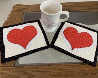 Valentine Heart Mug Rugs Quilted Appliqued Placemats Set of 2