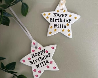 Personalised Clay Hanging Star – Happy Birthday Decoration | Customisable Gift Tag | Other Shapes Available