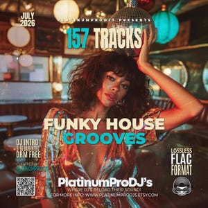 Puede incluir: Una portada de colección de música digital con el texto JULY 2026, 157 TRACKS, FUNKY HOUSE GROOVES y PLATINUMPRODJS PRESENTS. Una persona de cabello oscuro viste un vestido metálico brillante y multicolor mientras sostiene una bola de discoteca.