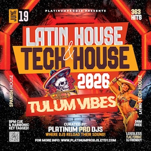 Könnte beinhalten: Ein digitaler Veranstaltungsflyer für Latin House und Tech House 2026 Tulum Vibes. Die Grafik zeigt einen Totenkopf mit Sombrero, Rosen und einer Trompete sowie eine Tänzerin in festlicher Kleidung. Text enthält Platinum Pro DJs und Website-Infos.