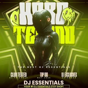 Pode incluir: Um gráfico verde e amarelo com o texto "PlatinumProDJs" e "CHARL TE" em uma fonte tipo neon. O gráfico apresenta um robô com um traje preto e prateado e uma luz vermelha na cabeça. O texto "THE BEST DJ ESSENTIALS" está abaixo do gráfico. O texto "CLUB TESTED DJ FRIENDLY" está no lado esquerdo do gráfico. O texto "TOP 100 MAY 2025" está no centro do gráfico. O texto "DJ EXCLUSIVES EXTENDED" está no lado direito do gráfico. O texto "DJ ESSENTIALS YOUR #1 DJ ESSENTIALS ETSY SHOP! WWW.PLATINUMPRODJS.ETSY.COM" está na parte inferior do gráfico.