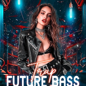 Könnte beinhalten: Werbeplakat für eine Musikveranstaltung mit einer Frau in einer schwarzen Lederjacke. Das Plakat trägt den Text "Trap Future Bass" und "Juni 2025". Das Logo von Platinum Pro DJs befindet sich oben.