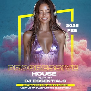 Könnte beinhalten: Eine Frau in einem glitzernden rosa Badeanzug und Kopfhörern steht vor einem rosa und blauen, wolkigen Hintergrund. Der Text "2025 FEB PROGRESSIVE HOUSE HQ AIFF 16BIT DJ ESSENTIALS PLATINUM PRO DJS YOUR #1 SOURCE VISIT US AT: PLATINUMPRODJS.ETSY.COM" ist auf dem Bild zu sehen.