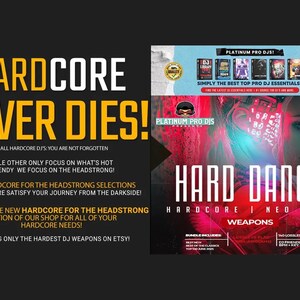 The image is a promotional poster for a DJ event called "Hard Core Dance". It features a woman with a futuristic, neon-colored head and a bold, red and black design. The poster includes text that highlights the event's focus on hardcore DJing and offers a variety of weapons for attendees.