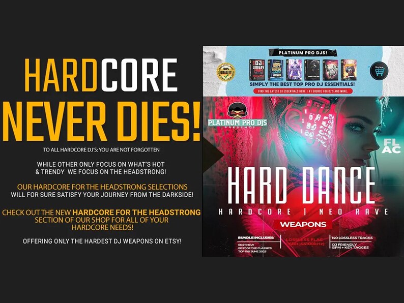 The image is a promotional poster for a DJ event called "Hard Core Dance". It features a woman with a futuristic, neon-colored head and a bold, red and black design. The poster includes text that highlights the event's focus on hardcore DJing and offers a variety of weapons for attendees.