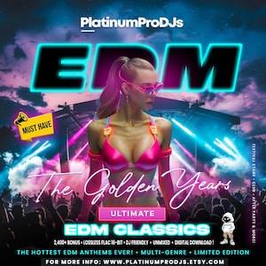 以下が含まれることがあります： ピンクの水着とサングラスをかけた女性が特徴の「EDM Classics」のプロモーション画像。「The Golden Years」と「Ultimate EDM Classics」の文字が含まれています。追加のテキストは、デジタルダウンロードとDJフレンドリーな音楽を宣伝しています。
