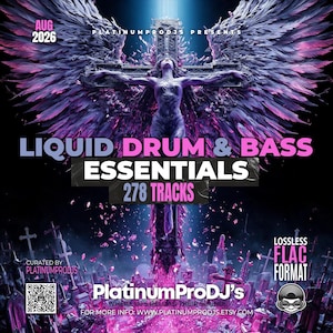 Op de afbeelding: Een digitale afbeelding met een centrale figuur met grote paarse en zwarte vleugels gespreid tegen een kruis. De tekst luidt: AUG 2026, PLATINUMPRODJS PRESENTS, LIQUID DRUM & BASS ESSENTIALS, 278 TRACKS, LOSSLESS FLAC FORMAT en PLATINUMPRODJ'S.
