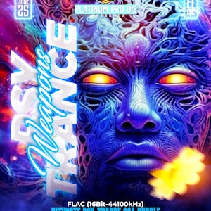 Puede incluir: Un vibrante póster de arte digital con una cara azul y las palabras "Trance Weapon" en blanco y azul. El póster promociona el "Ultimate Psy-Trance Goa Bundle" con el texto "Platinum Pro Dis Presents" y "June 25".