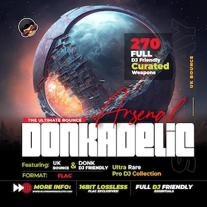 Könnte beinhalten: Digitales Kunstwerk, das eine Musiksammlung bewirbt. Das Bild zeigt eine stilisierte Kugel mit futuristischem Design und den Text "DONKADELIC" in großen weißen Buchstaben. Es enthält auch den Text "270 Full DJ Friendly Curated Weapons."