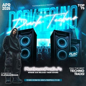 Puede incluir: Un cartel promocional para un evento de música Dark Techno. La imagen presenta a una persona con ropa oscura, grandes altavoces y el texto "Dark Techno" en una fuente azul neón. El texto adicional incluye "PlatinumProDJs" y "Top 75".