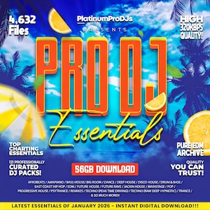 The image is a promotional poster for a music album titled "PRODJ Essentials". It features a vibrant background with palm trees and a clear blue sky, along with various text elements such as "PlatinumProDjs Presents", "High 32kbps Quality", "Top Charting Essentials", "PureEdM Archive", "Quality You Can Trust!", "56GB DOWNLOAD", and "Latest Essentials of January 2016 - Instant digital download!".