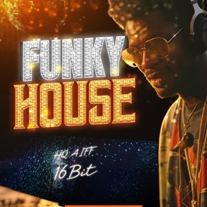 Può includere: Un DJ con occhiali da sole e cuffie è in piedi davanti a un mixer. Il testo "FUNKY HOUSE" è in grandi lettere scintillanti. Il testo "HQ AIFF 16 Bit" è sotto la testa del DJ. Il testo "PRO DJ ESSENTIALS FEBBRAIO 2025" è in fondo all'immagine.
