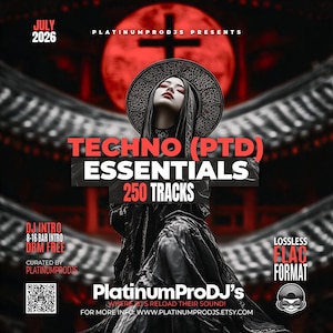 May include: A digital music collection flyer titled Techno (PTD) Essentials 250 Tracks, featuring a person in dark robes with a halo, set against a red moon and cross. Includes text: July 2026, PlatinumProDJ's, DJ Intro, DBM Free, and Lossless FLAC Format.