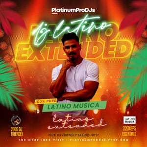 May include: A promotional graphic for "DJ Latino Extended" music. The image features a man in a white t-shirt against a vibrant orange and yellow background. Text includes "100% Pure Latino Musica" and "Latino Extended."