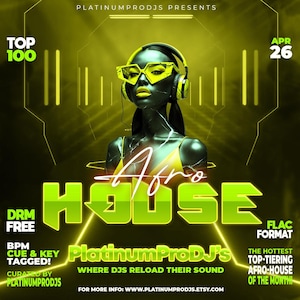 Könnte beinhalten: Ein Werbeplakat für eine Afro House Musikveranstaltung. Das Bild zeigt eine stilisierte Illustration einer Person mit Kopfhörern und Sonnenbrille. Das Plakat ist überwiegend grün und gelb, mit dem Text "Afro House" und Veranstaltungsdetails.