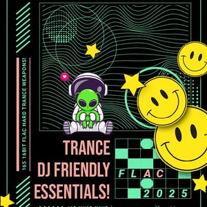 Könnte beinhalten: Schwarzes Poster mit dem Text "HARD GERMAN" in Pink und Grün. Es zeigt einen Alien in einem Raumanzug, gelbe Sterne und Smileys. Der Text "TRANCE DJ FRIENDLY ESSENTIALS!" ist ebenfalls vorhanden.