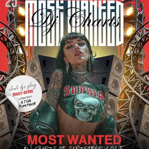 Puede incluir: Imagen promocional de "Most Wanted DJ Charts of September 2025" con una mujer tatuada que lleva una camiseta "Sophia" con un diseño de calavera. La imagen incluye texto y una pegatina de colección multigénero.