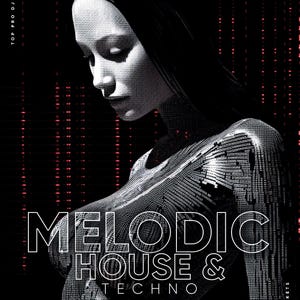 May include: Black and white promotional poster for a music event. The poster features a grayscale image of a person with the text "MELODIC HOUSE & TECHNO" in large white letters. The event is scheduled for February 2025.