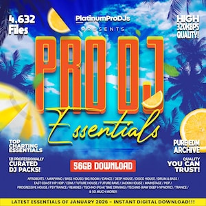Könnte beinhalten: Werbegrafik für "PRO-DJ Essentials" mit einem orange-gelben Design vor blauem Himmel mit Palmen und Zitronenscheiben. Das Bild zeigt "4.632 Dateien", "121 professionell kuratierte DJ-Pakete" und einen "56GB Download".
