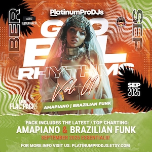 Könnte beinhalten: Werbegrafik für Platinum ProDJs mit einer Frau in aufwendigem Schmuck. Das Design enthält den Text "Cool Rhythms Vol. 01", "Amapiano | Brazilian Funk" und "September 2025 Essentials!" mit einem grünen und orangenen Farbschema.