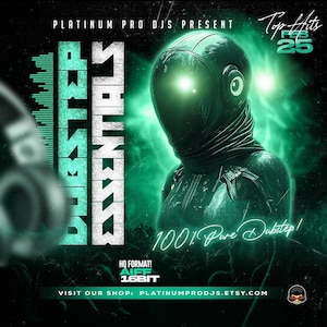 Könnte beinhalten: Eine digitale Illustration in Grün und Schwarz eines Roboters mit einem leuchtend grünen Gesicht. Der Text "DUBSTEP ESSENTIALS" ist in einer grün-schwarzen Schrift geschrieben. Der Text "100% Pure Dubstep!" ist in weißer Schrift mit grünem Umriss geschrieben. Der Text "Top Hits" ist in weißer Schrift mit schwarzem Umriss geschrieben. Der Text "Feb 25" ist in weißer Schrift mit schwarzem Umriss geschrieben. Der Text "HQ FORMAT! AIFF 16BIT" ist in weißer Schrift mit schwarzem Umriss geschrieben. Der Text "VISIT OUR SHOP: PLATINUMPRODJS.ETSY.COM" ist in weißer Schrift mit schwarzem Umriss geschrieben.