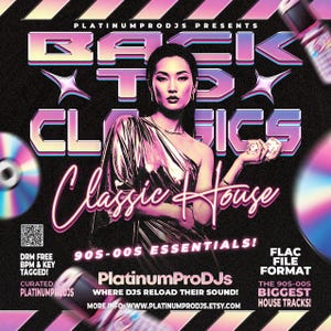 May include: A promotional poster for a music compilation titled "Back to Classics" featuring a woman in a metallic dress. The poster has a black background with pink and purple text and graphics, including CDs and a retro phone.