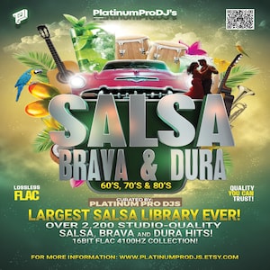 May include: A vibrant promotional image for a salsa music collection. It features a classic pink car, musical instruments, and the words "SALSA BRAVA & DURA" in large, metallic letters. The image includes text about the collection's size and quality.