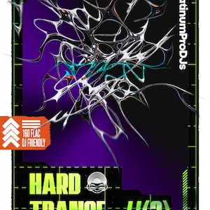 Può includere: Un poster promozionale per un evento di musica Hard Trance. Il design presenta uno sfondo scuro con una sfumatura viola e forme astratte dall'aspetto metallico. Il testo include "DECEMBER 2025", "160 FLAC DJ FRIENDLY" e "HARD TRANCE - //(2)". È visibile anche il logo PlatinumProDJs.