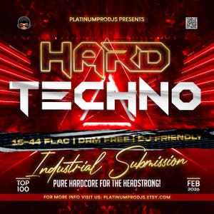 Può includere: Grafica promozionale rossa e nera per un evento Hard Techno. Le parole "HARD TECHNO" sono in grandi lettere dorate bordate. Il testo aggiuntivo include "Industrial Submission", "Pure Hardcore for the Headstrong!" e "FEB 2026."