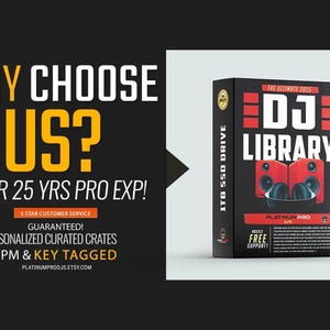 The image is an advertisement for a DJ library software product called DJ LIBRARY. It features a book with a red and black cover, along with text promoting the software's features and benefits.