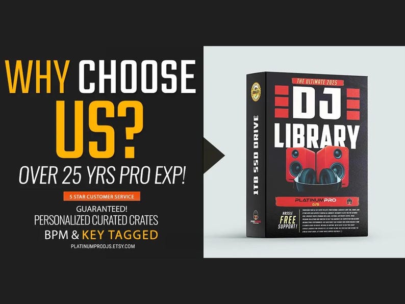 The image is an advertisement for a DJ library software product called DJ LIBRARY. It features a book with a red and black cover, along with text promoting the software's features and benefits.