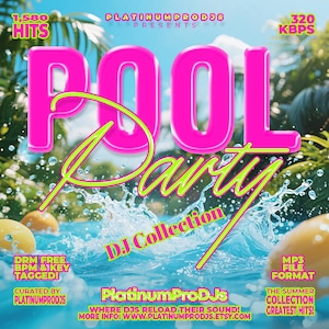 May include: A vibrant graphic for a DJ collection titled "Pool Party." The design features large pink text with a neon green outline over a water background. Additional text includes "DJ Collection," "1,580 Hits," and "MP3 File Format."