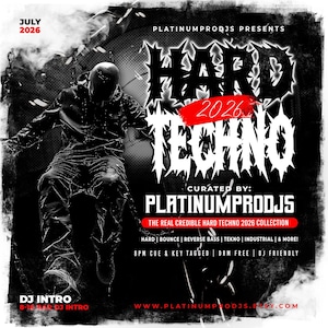 May include: A digital music promotional flyer for Hard Techno 2026 by PlatinumProDJs. The black and white graphic features a person in a hooded jacket, chains, and smoke effects. Text includes July 2026, Hard Techno, Curated by PlatinumProDJs, and more.