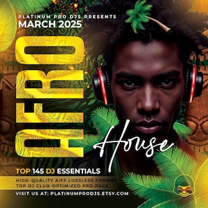 May include: A music event poster with a portrait of a person wearing headphones. The word "AFRO" is in large yellow letters, and "House" is written in cursive. The poster also includes the text "MARCH 2025". Palm leaves and other tropical elements are included.