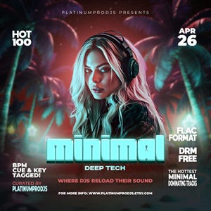 Può includere: Poster promozionale per un evento musicale con una donna con le cuffie. La parola "minimal" è in turchese, con testo che indica "Deep Tech" e "FLAC Format". Palme e stelle creano uno sfondo tropicale.