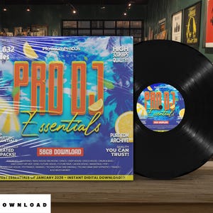a record album cover for "PRODJT ESSENTALS" by Platinum Prods, with a black vinyl record placed next to it on a wooden surface.