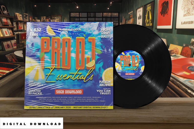 a record album cover for "PRODJT ESSENTALS" by Platinum Prods, with a black vinyl record placed next to it on a wooden surface.